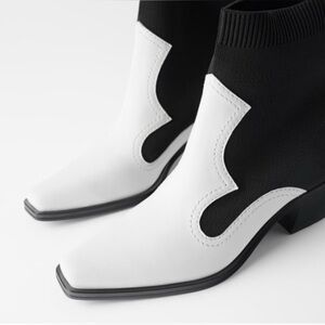 Zara NWOT Black White Contrasting Stretch Heeled Sock Cowboy Ankle Boots,37(6.5)